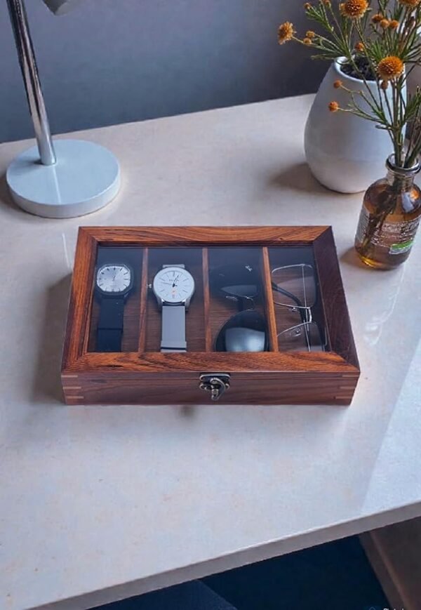 Wooden Watch and Sunglasses Organizer Box with Glass Lid, Multi-Compartment Storage Case
